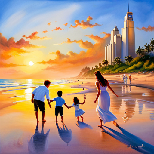 An image capturing a warm, golden sunset at the beach, where a family of four playfully builds sandcastles together, their laughter echoing in the salty breeze, preserving precious memories of togetherness