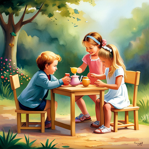 An image of two children engaged in a pretend tea party, laughing and sharing toys, demonstrating the development of social skills through play
