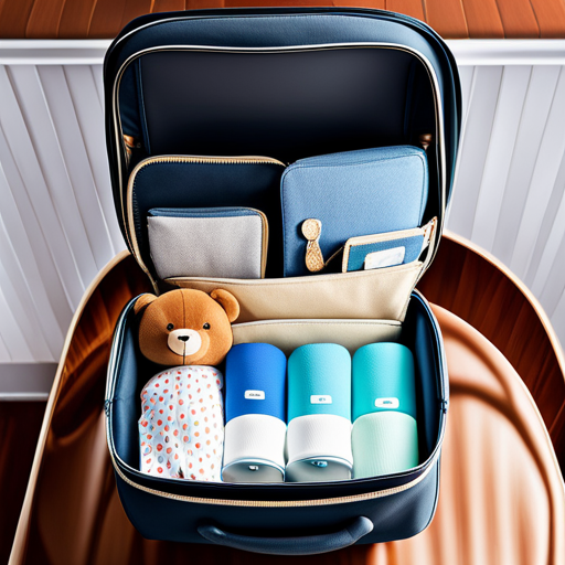 An image showcasing a neatly organized baby travel bag, filled with essentials like diapers, wipes, bottles, and a soft blanket