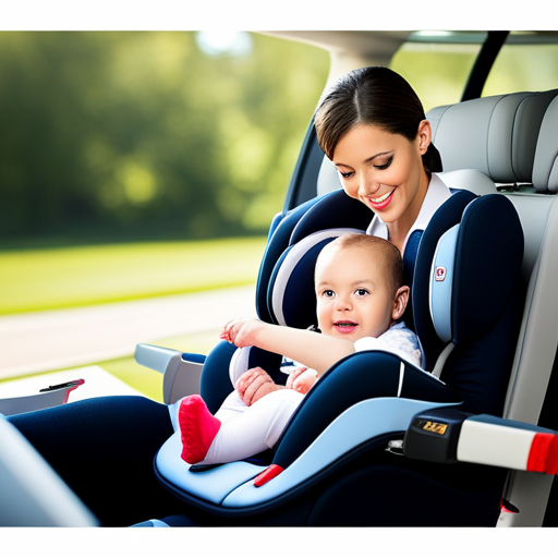 An image showcasing a parent securely fastening their baby in a car seat inside a well-equipped vehicle, with a backdrop of essential safety items such as a first aid kit, sunscreen, and a baby monitor