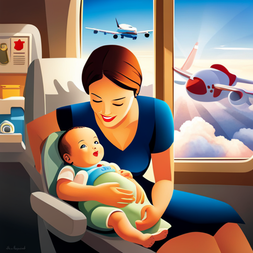 An image depicting a mother and baby on a plane, with the baby happily engrossed in a sensory toy, while the mother smiles