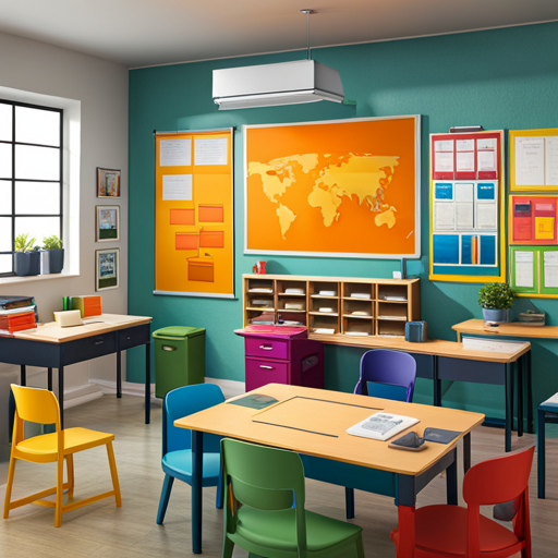 An image showcasing a vibrant classroom filled with colorful educational posters, charts, and a whiteboard covered in diagrams and illustrations to depict the dynamic visual learning style in action