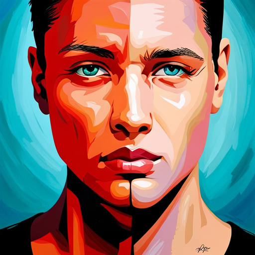 An image of a young person's face split in half, one side smooth and serene, the other side distorted with vivid colors representing intense emotions