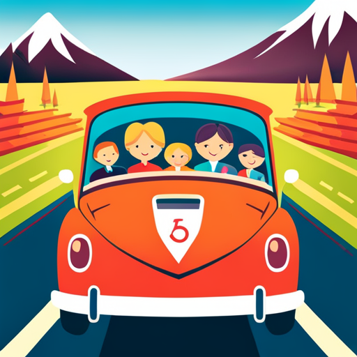 An image showcasing a cheerful family in a car, engrossed in travel time fun