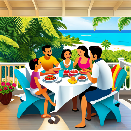 An image capturing the joyous moment of a family savoring breakfast together on a sun-drenched balcony overlooking turquoise waters, surrounded by vibrant tropical plants and colorful beach toys, while exchanging excited glances and creating daily vacation rituals