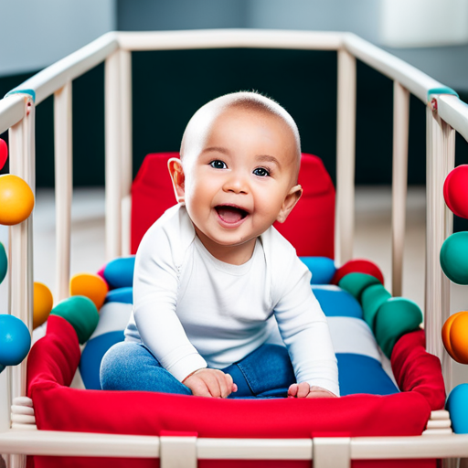 An image of a cheerful baby surrounded by soft, plush pillows, comfortably nestled in a colorful playpen