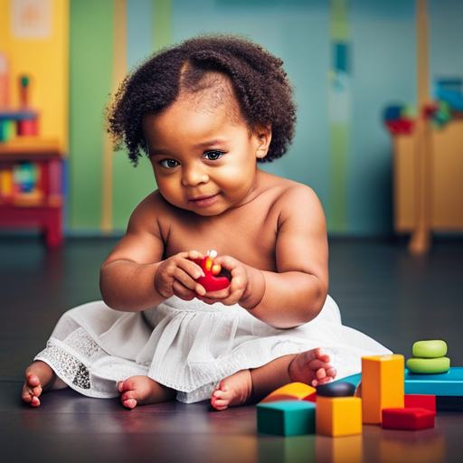 An image capturing a tender moment of a baby sitting independently, their bright eyes filled with curiosity and triumph, surrounded by colorful toys that reflect their newfound mobility and the significance of this milestone