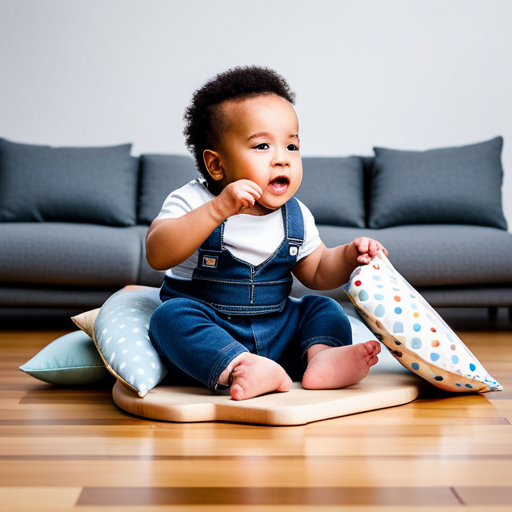 An image capturing a baby attempting to sit up independently, surrounded by various cushions and pillows, highlighting the challenges they face, with a worried expression on their face and a parent gently supporting them from behind