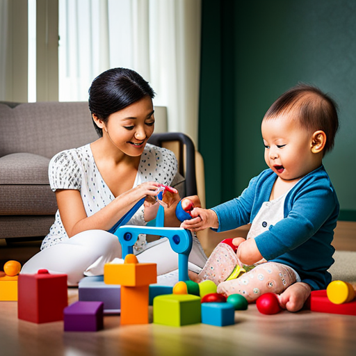 An image showcasing a baby surrounded by colorful pillows, engaging with toys, while a supportive caregiver attentively watches, highlighting the essential factors influencing sitting development