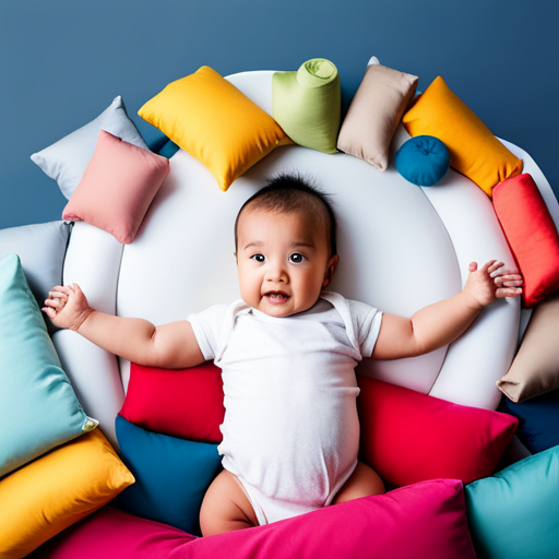 An image featuring a bright-eyed baby, surrounded by a colorful array of soft pillows, leaning forward with outstretched arms, displaying a determined expression as they engage their core muscles, signaling their early readiness to sit independently