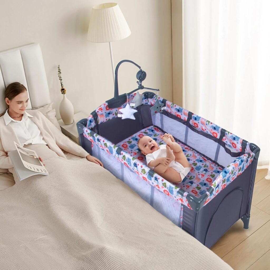 4-in-1 Pack and Play with Bassinet for Baby,Folding Crib,Travel Crib Diaper Changer with Mattress,Playard with Music Box,Multifunctional Baby Bed for Newborn,Infant,Toddler,Portable Baby Playpen