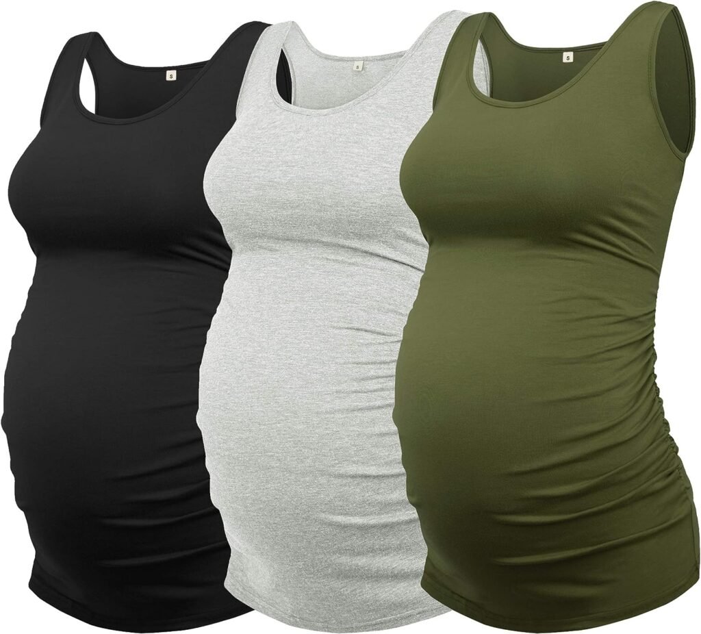 AMPOSH Womens Maternity Tank Top 3 Pack Ruched Side Sleeveless Pregnancy Basic Shirt(Black/Gray/Olive, S) at Amazon Women’s Clothing store