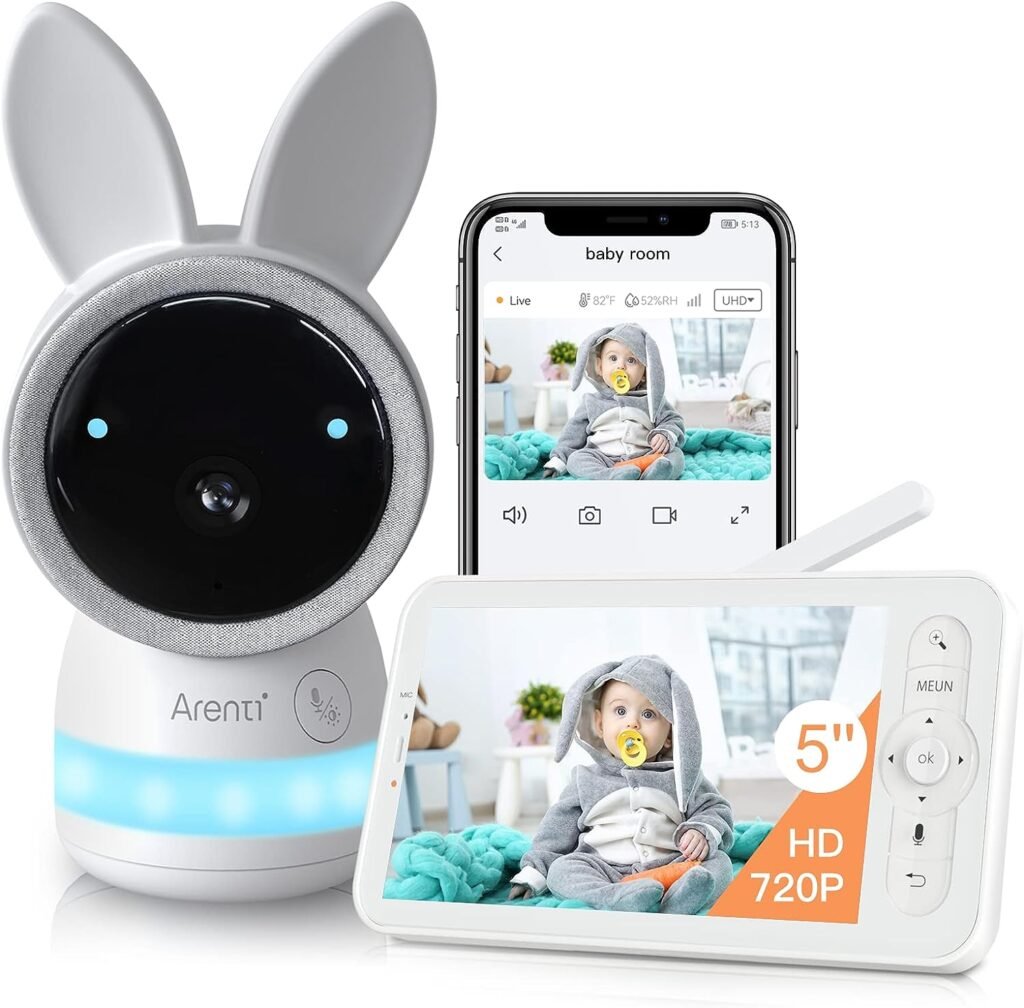 ARENTI Video Baby Monitor, Audio Monitor with 2K Ultra HD WiFi Camera,5 Color Display,Night Vision,Lullabies,Cry Detection,Motion Detection,Temp  Humidity Sensor,Two Way Talk,App Control(White)