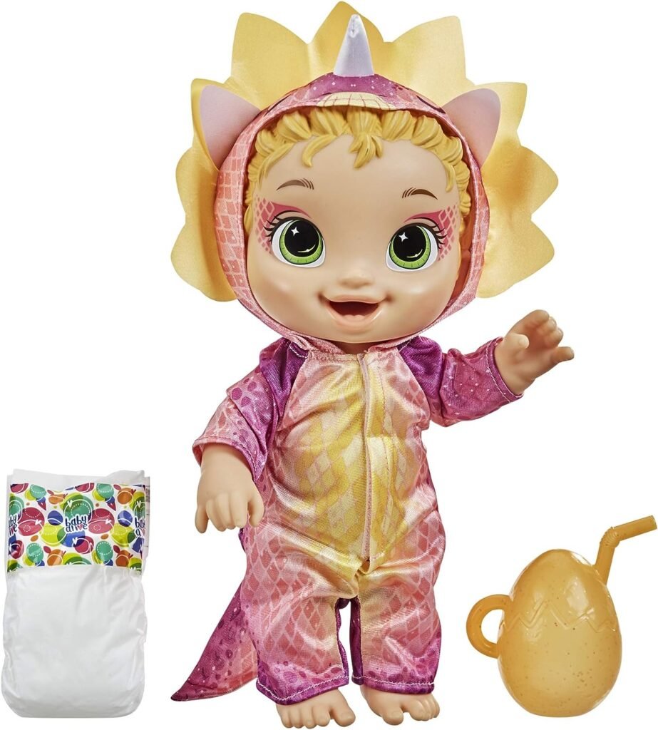 Baby Alive Dino Cuties Doll, Triceratops, Doll Accessories, Drinks, Wets, Triceratops Dinosaur Toy for Kids Ages 3 Years and Up, Blonde Hair