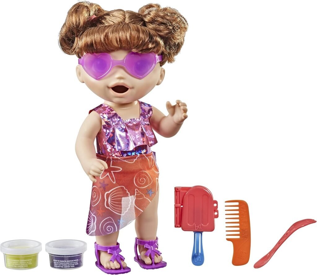 Baby Alive Sunshine Snacks Doll, Eats and Poops, Summer-Themed Waterplay Baby Doll, Ice Pop Mold, Toy for Kids Ages 3 and Up, Brown Hair