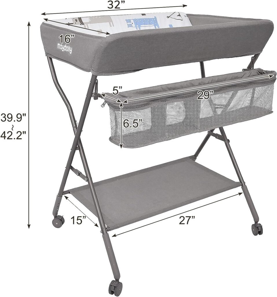 Baby Changing Table with Wheels, Maydolly Portable Adjustable Height Folding Diaper Station with Nursery Organizer  Storage Rack for Newborn Baby and Infant, Grey Pattern