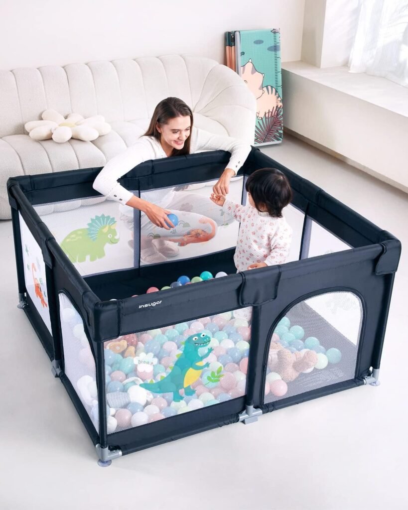 Baby Playpen Playard, Insugar Playpen for Babies and Toddlers, More Sturdy Safer 1.5 Times Thicker Steel Pipes Baby Fence Play Area with Gate, Breathable Mesh, Dinosaur Printed, Black, 47x47x27