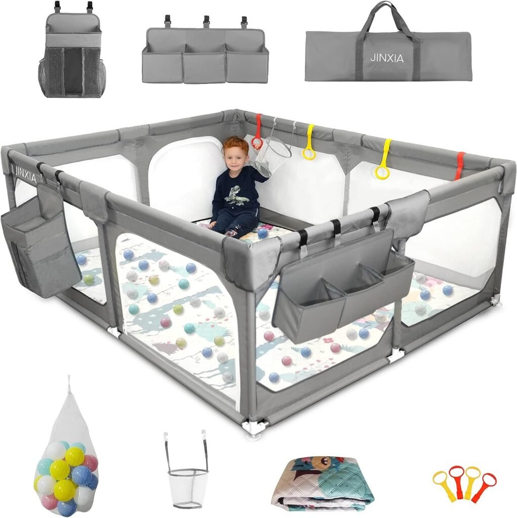 Baby Playpen Set(Grey 75*59), playpin for Babies and Toddlers, Extra Large Baby Fence Area with Anti-Slip Base,Playard Indoor  Outdoor with Playmat