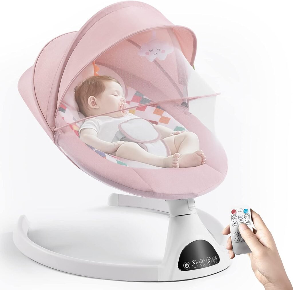 Baby Swing for Infants, Electric Portable Baby Swing for Newborn, Bluetooth Touch Screen/Remote Control Timing Function 5 Swing Speeds Baby Rocker Chair with Music Speaker 5 Point Harness Pink