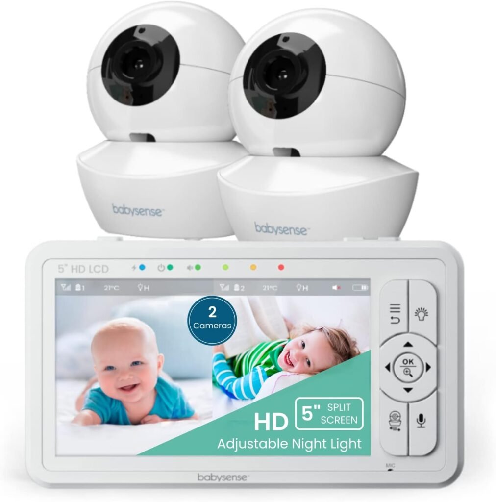 Babysense 5 HD Split-Screen Baby Monitor, Video Baby Monitor with Camera and Audio, Two HD Cameras with Remote PTZ, Night Light, 960ft Range, Two-Way Audio, 4X Zoom, Night Vision, 4000mAh Battery