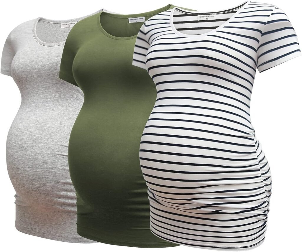 Bearsland Womens Maternity Tshirt 3 Packs Classic Side Ruched Tee Top Mama Pregnancy Clothes