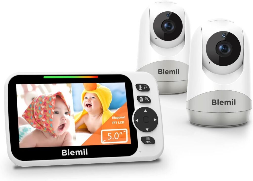 Blemil Baby Monitor,5 Large Split-Screen Video Baby Monitor with 2 Cameras and Audio, Remote Pan/Tilt/Zoom, Two-Way Talk, Room Temperature Monitor, Auto Night Vision, Power Saving/Vox, Lullabies