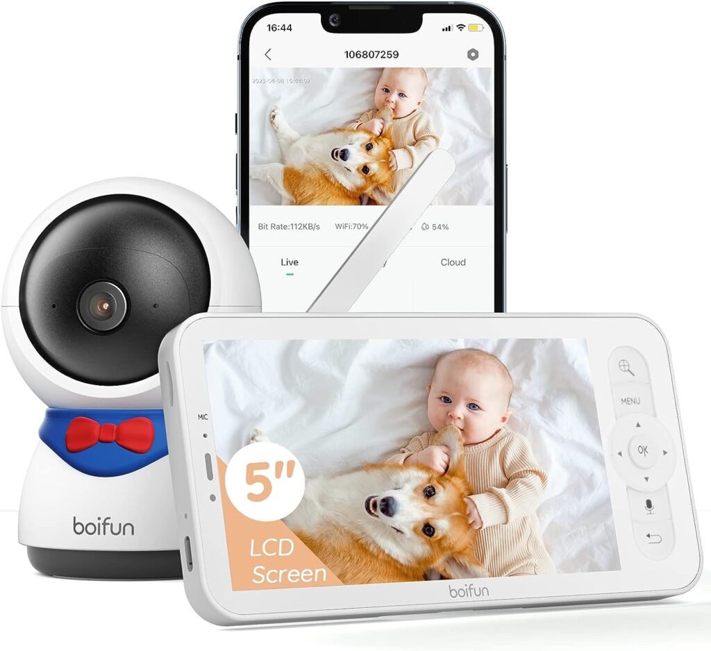 BOIFUN 5 Baby Monitor, 1080P WiFi Baby Monitor Via Screen and App Control, Video Record  Playback, Night Vision  2-Way Audio, Sound  Motion Detection, Auto Tracking, with Wall Mount Base