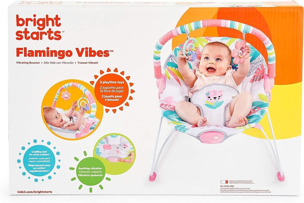 Bright Starts Baby Bouncer Soothing Vibrations Infant Seat - Removable -Toy Bar, Nonslip Feet, 0-6 Months Up to 20 lbs (Flamingo Vibes, Pink )