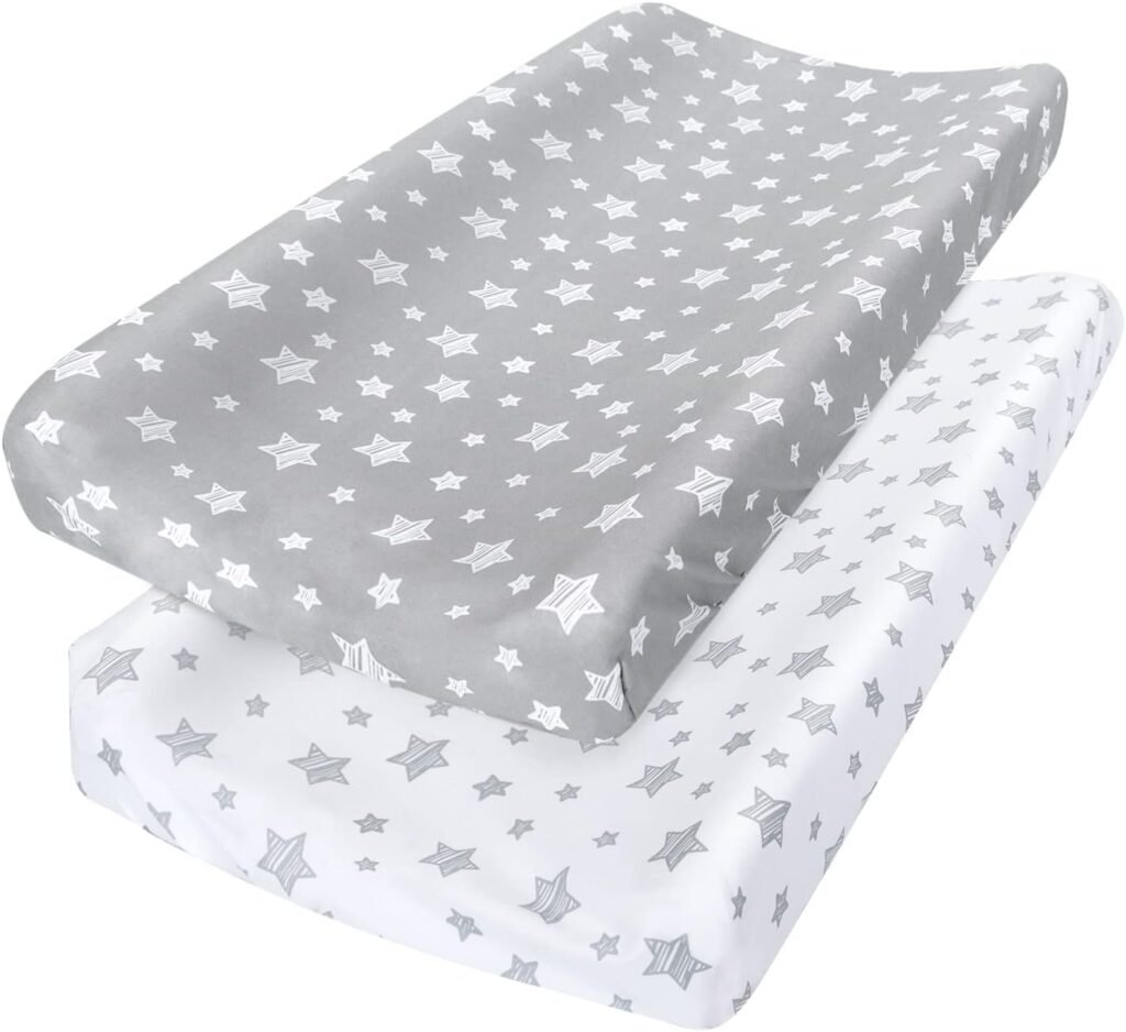 Changing Pad Cover for Boys Girls 2 Pack, Lovely Print Soft Unisex Diaper Change Table Sheets, Fit 32x16 Contoured Pad, Comfy Cozy 2-Pack Cradle Sheets, Grey  White