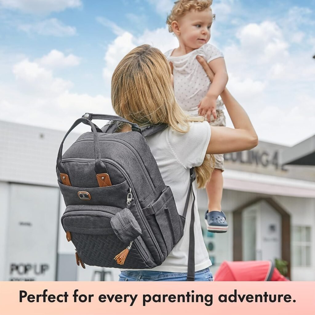Dikaslon Diaper Bag Backpack with Portable Changing Pad, Pacifier Case and Stroller Straps, Large Unisex Baby Bags for Boys Girls, Multipurpose Travel Back Pack for Moms Dads, Dark Gray