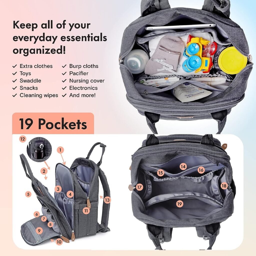 Dikaslon Diaper Bag Backpack with Portable Changing Pad, Pacifier Case and Stroller Straps, Large Unisex Baby Bags for Boys Girls, Multipurpose Travel Back Pack for Moms Dads, Dark Gray