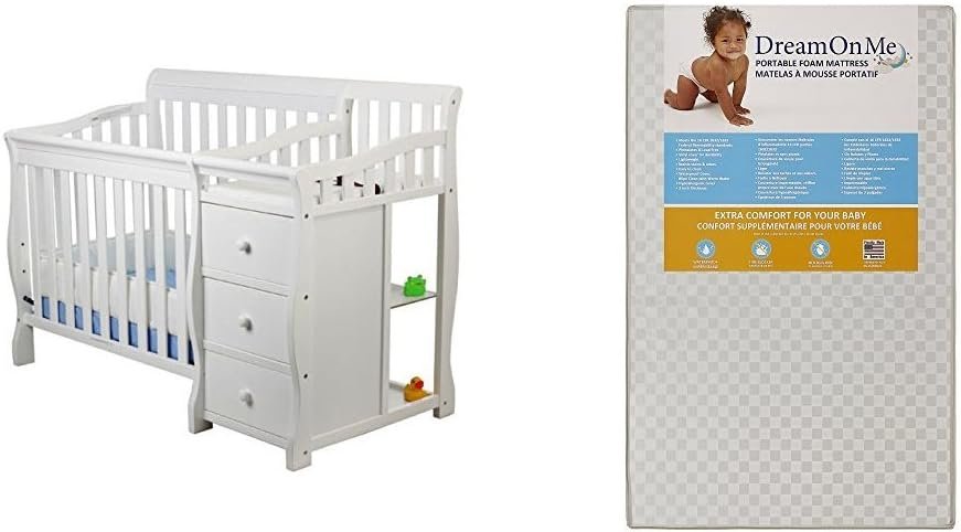 Dream On Me Jayden 4 in 1 Convertible Portable Crib w/ Changer with Dream On Me 3 Portable Crib Mattress, White