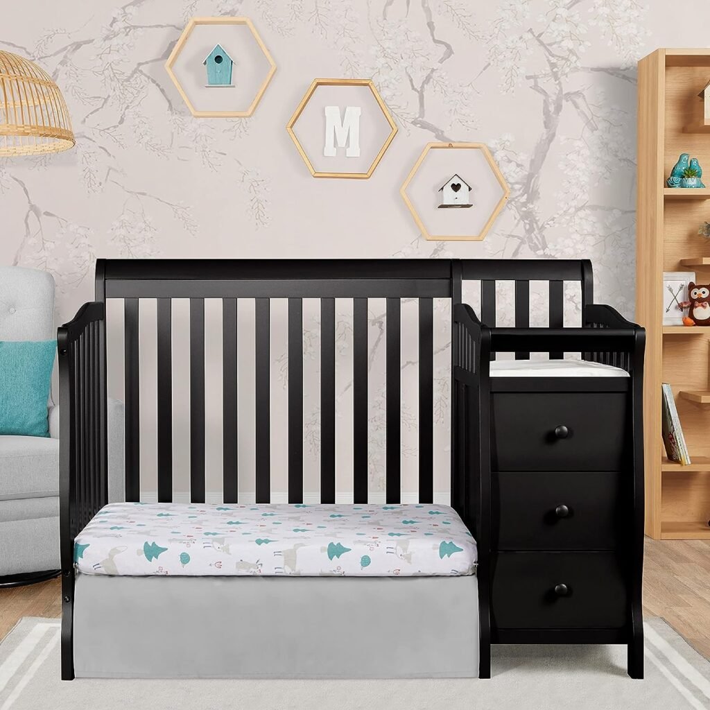 Dream On Me Jayden 4-in-1 Mini Convertible Crib And Changer in Black, Greenguard Gold Certified, Non-Toxic Finish, New Zealand Pinewood, 1 Mattress Pad