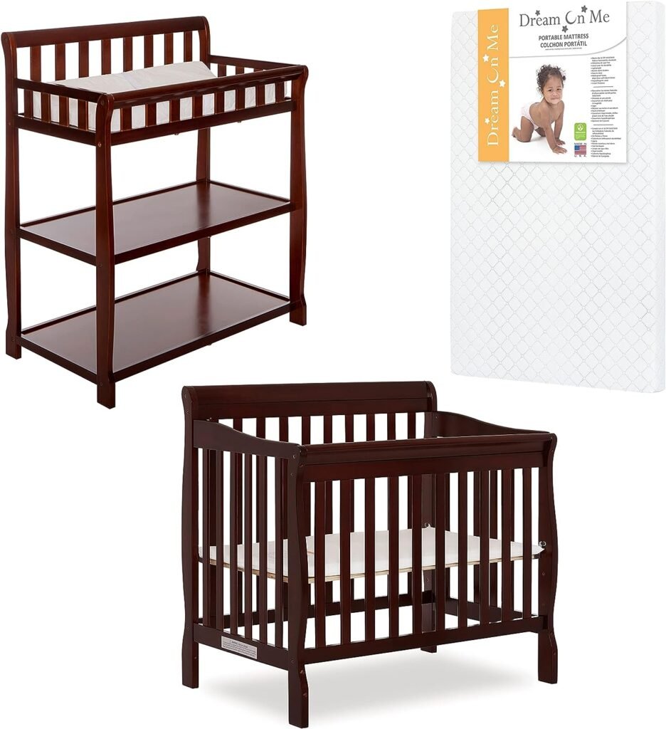 Dream On Me Nursery Essentials Bundle of Dream On Me Aden Convertible 4-in-1 Mini Crib, Dream On Me Ashton Changing-Table, with a Dream On Me Sunset 3” Extra Firm Fiber Portable Crib Mattress