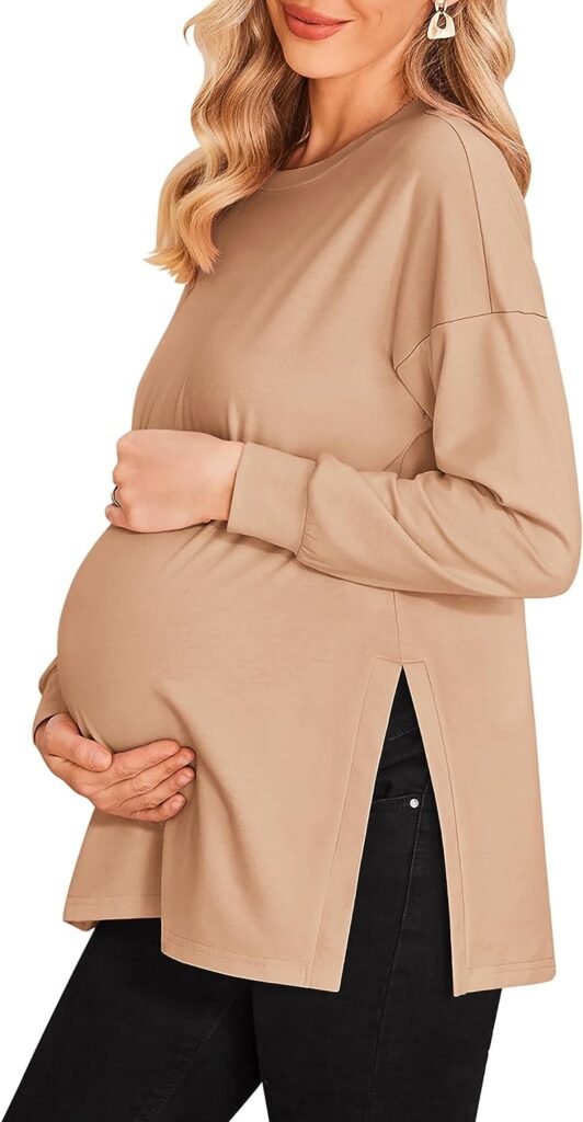 Ekouaer Women’s Maternity Shirts Long Sleeve Split Side Pregnancy Tee Top Tunic Blouse Casual Mama Clothes