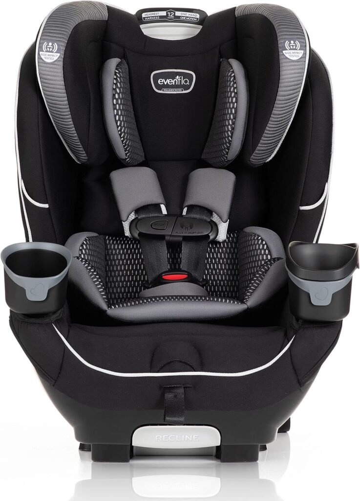 Evenflo EveryFit 4-in-1 Convertible Car Seat Featuring 12-Position Headrest, Two Integrated Cup Holders, Removable Snack Tray, and Machine-Washable Fabric (Olympus Black)