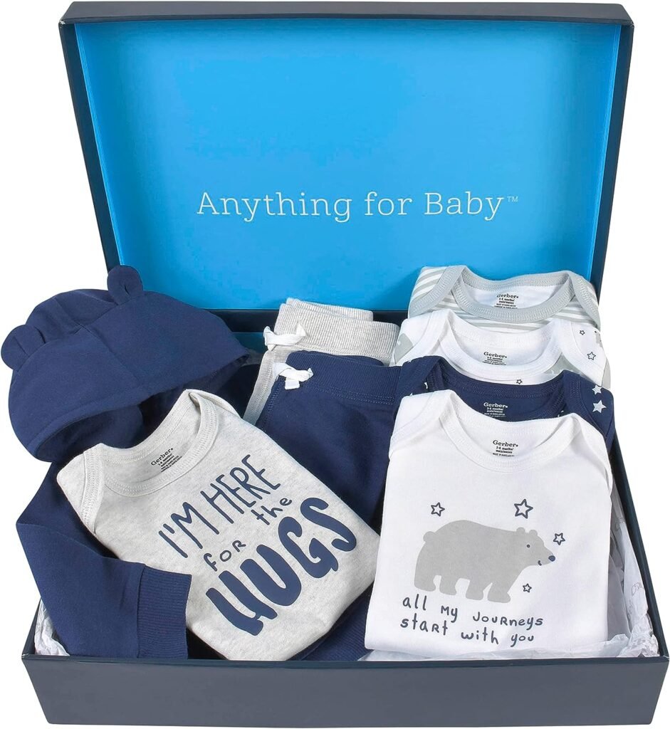 Gerber Baby 8-Piece Clothing Gift Set (5Pk Bodysuits 2Pk Pants  1Pk Hooded Cardigan), Blue, 3-6 Months