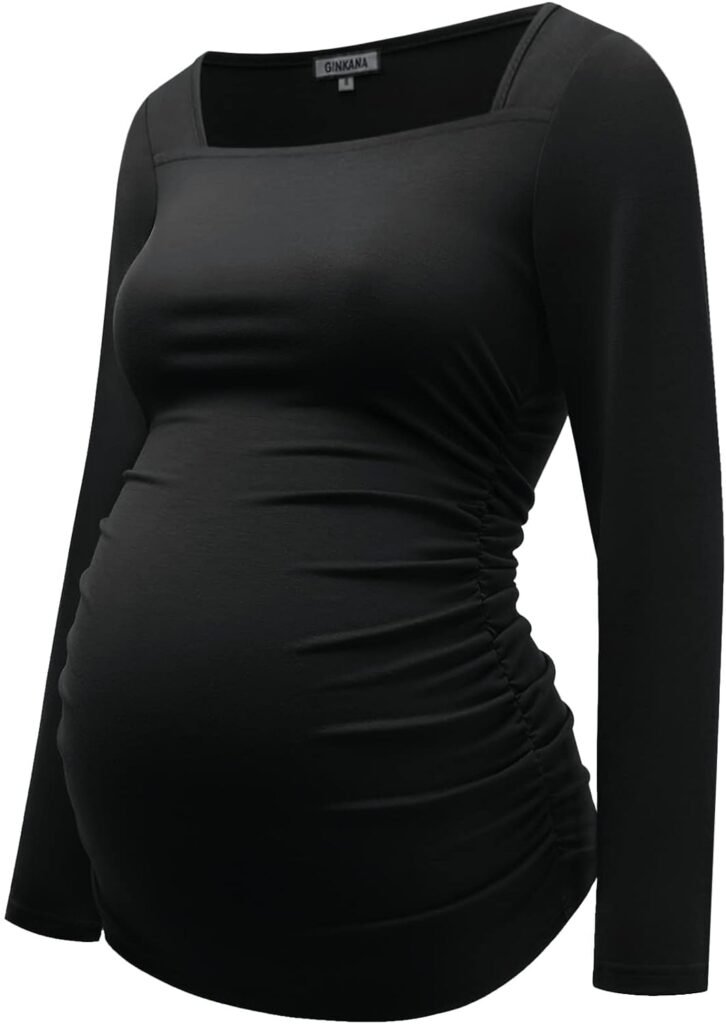 GINKANA Maternity Shirts Square Neck Slim Fit Tee Top Pregnancy Basic Long Sleeve Shirt for Daily Wear