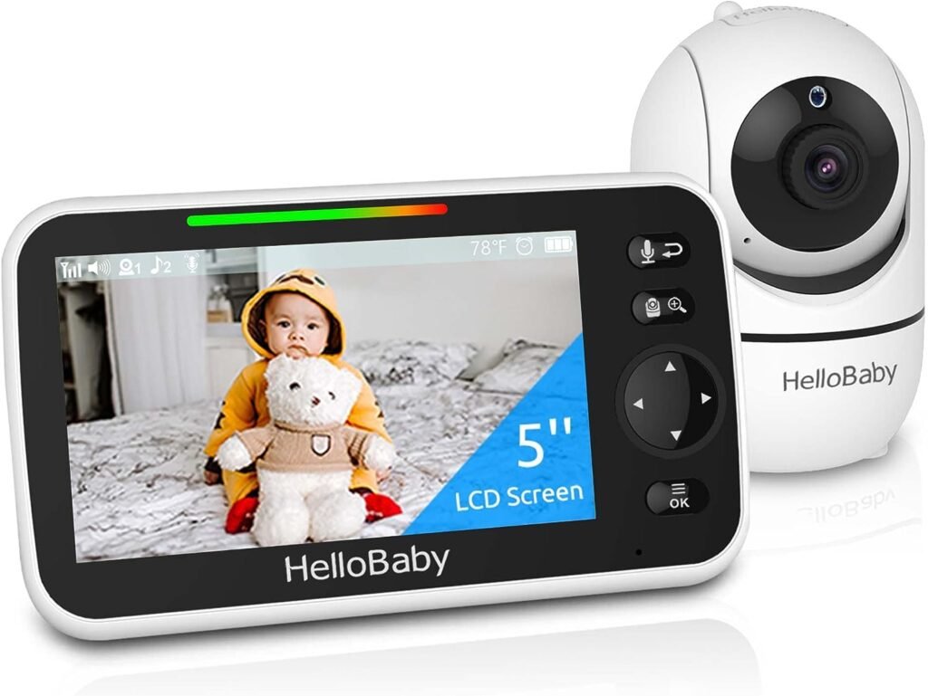 HelloBaby Monitor, 5Sreen with 30-Hour Battery, Pan-Tilt-Zoom Video Baby Monitor with Camera and Audio, Night Vision, VOX, 2-Way Talk, Temperature, 8 Lullabies and 1000ft Range No WiFi, Ideal Gifts