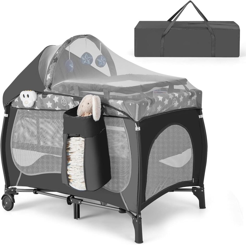 HONEY JOY Pack and Play, 5 in 1 Portable Baby Playard with Bassinet Zipper Door, Changing Table, Lockable Wheels, Music Box, Foldable Travel Baby Crib Nursery Center from Newborn to Toddler(Gray)