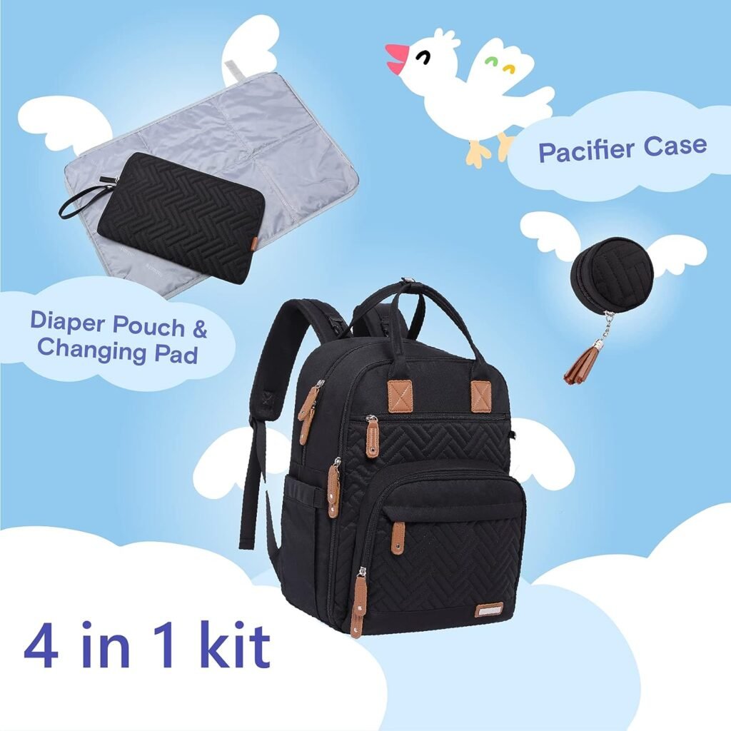 iniuniu Diaper Bag Backpack, 4 in 1 kit Large Unisex Baby Bags for Boys Girls, Waterproof Travel Back Pack with Diaper Pouch, Washable Changing Pad, Pacifier Case and Stroller Straps, Black