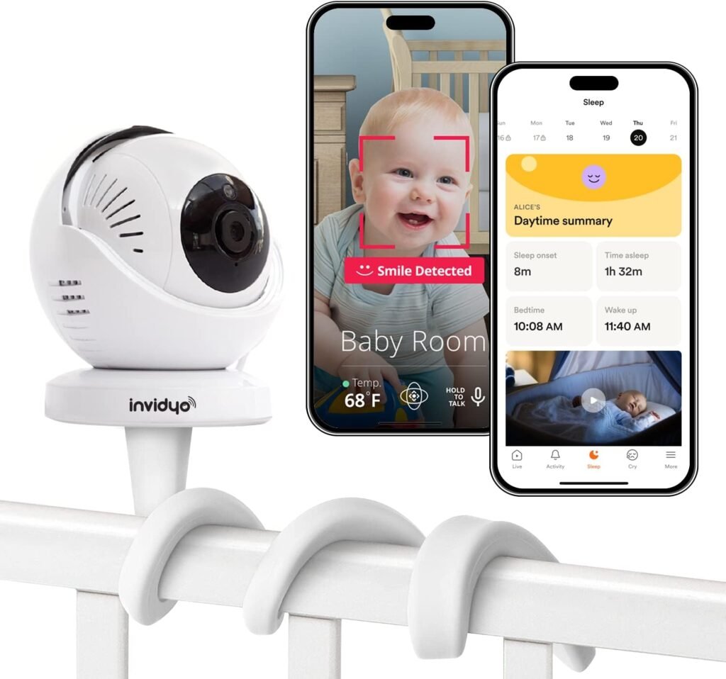 invidyo WiFi Baby Monitor with Camera and Audio: Sleep Tracking, Cry Alerts, Cough Detection | Wireless Pan  Tilt, Smart Phone App, 1080P Full HD Video, Night Vision, Two Way Talk, Temperature Sensor