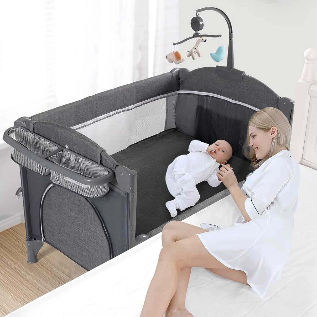 Jaoul Baby Bassinet Bedside Sleeper Baby Crib, Pack and Play with Bassinet and Changing Table, Portable Travel Baby Playpen with Bassinet Toys  Music Box, Mattress for Girl Boy Infant Newborn Gray