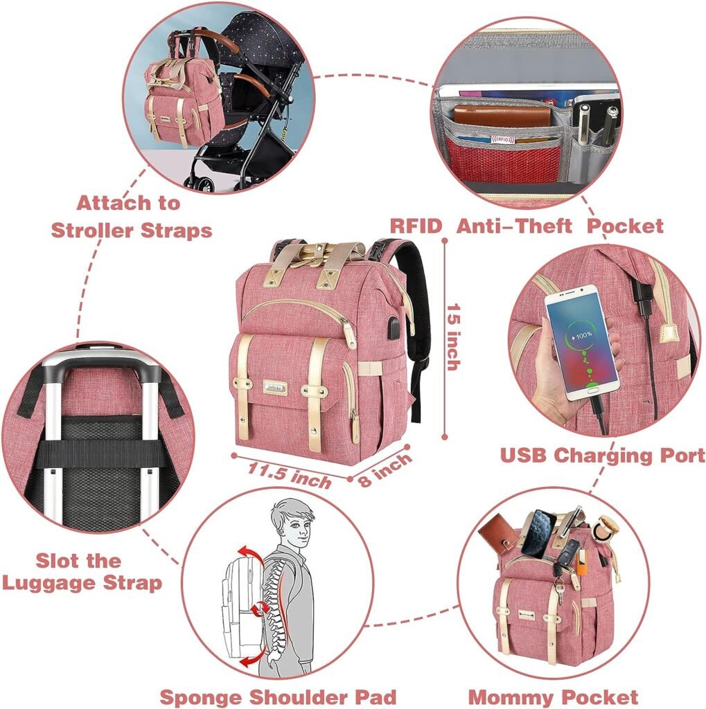 Jiefeike Diaper Bag Backpack,Baby Boys Girls Travel Backpack Diaper Bag for Dad Mom,Insulated Pockets Portable Pink Baby Nappy Bags with USB Charging Port,RFID Anti-Theft Pocket Stroller Straps