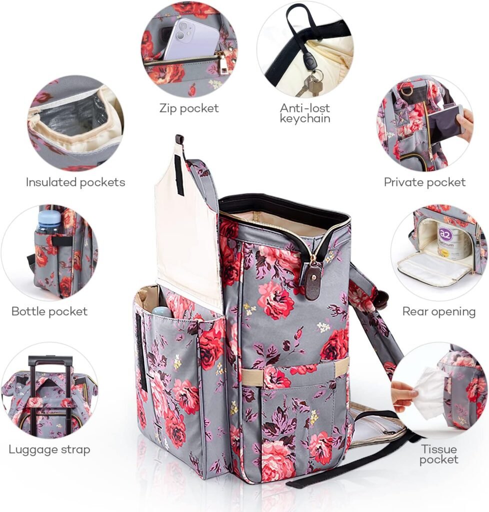 Kaome Diaper Bag Backpack, Upgraded Large Capacity Multifunction Nappy Bags, Waterproof Baby Bag Floral Insulated Durable Travel Maternity Back Pack for Baby Girls with Diaper Pad Bottle Bag (Floral)