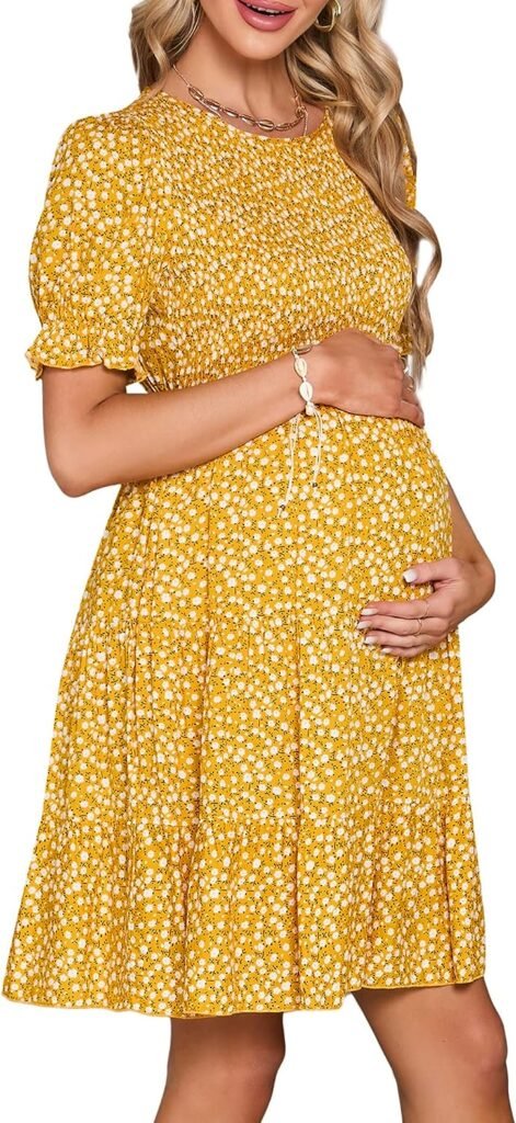 KOJOOIN Maternity Dress Summer Women Smocked Crew Neck Puff Sleeve Pregnancy Baby Shower Photoshoot Dress