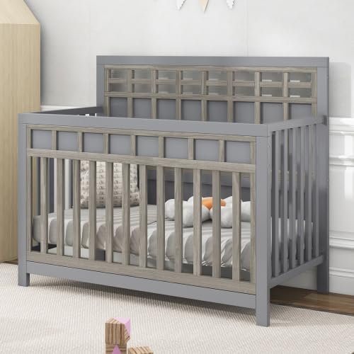 Lamerge 4-in-1 Convertible Mini Crib in Gray, Greenguard Gold Certified, Crib for Baby, Converts to Toddler Bed and Full-Size Bed