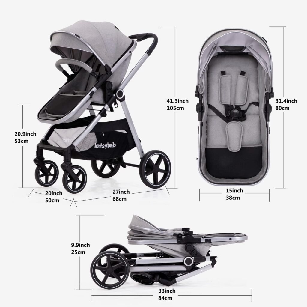 Lortsybab 2-in-1 Baby Stroller with Bassinet Mode - Folding Infant Newborn Pram Stroller with Reversible Seat - Toddler Strollers for 0-36 Months Old Babies (Gery)