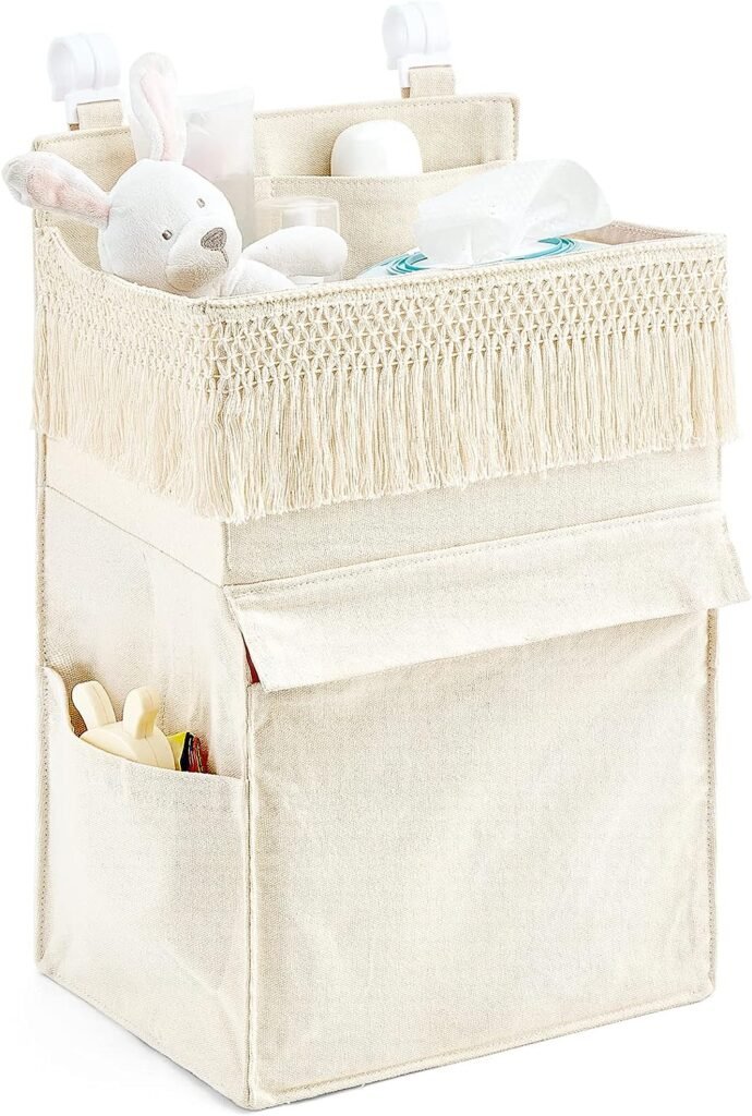 Mkono Diaper Organizer Caddy Macrame Hanging Baby Diaper Storage for Crib Changing Table Essentials Bag Boho Decor Diaper Stacker Holder for Nursery Bedroom, Newborn Gift, Ivory