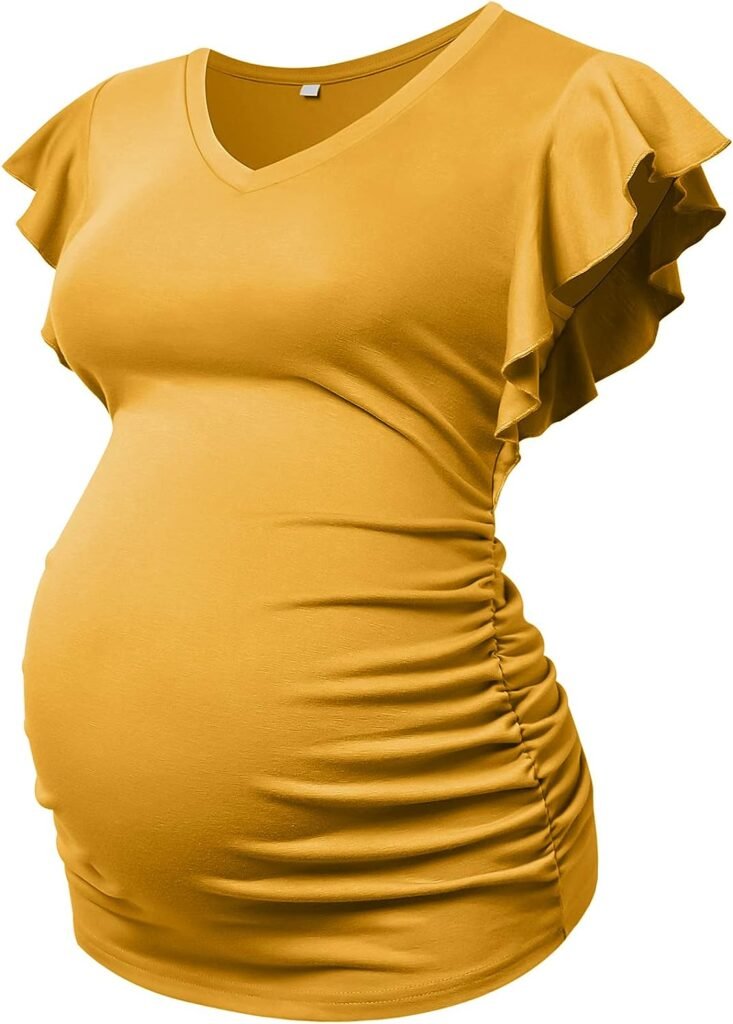 MOMOOD Maternity Pregnancy V Neck Fly Short Sleeve Stylish T Shirt Pregnant Side Ruched Top Shirt